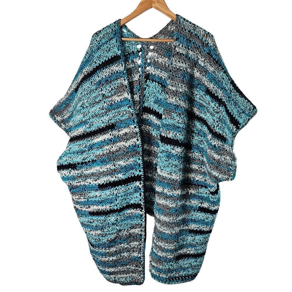 Vintage 90s Handmade Crochet Cardigan Womens 3X Blue Knit Open Long Boho Tunic